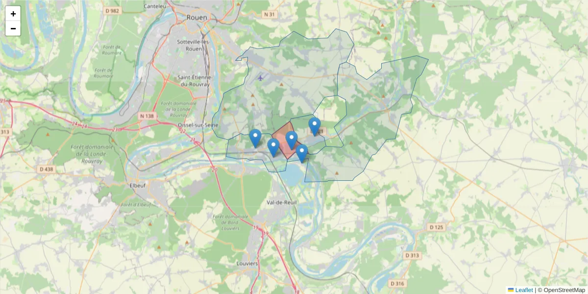 Carte de la zone du code postal  et des codes postaux voisins en France