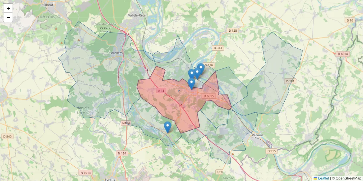 Carte de la zone du code postal  et des codes postaux voisins en France