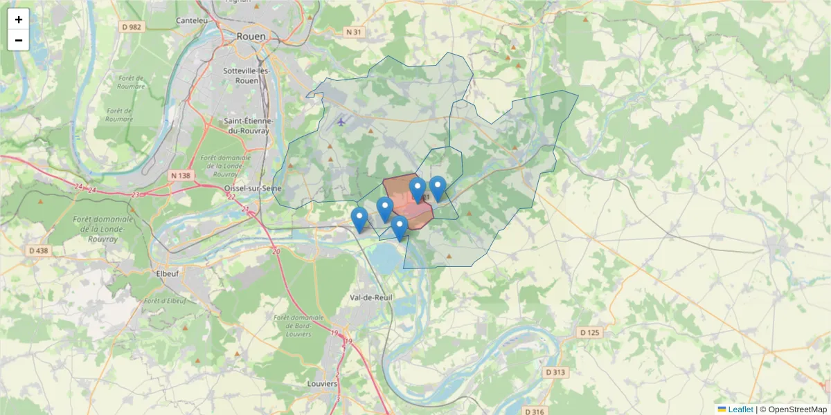 Carte de la zone du code postal  et des codes postaux voisins en France