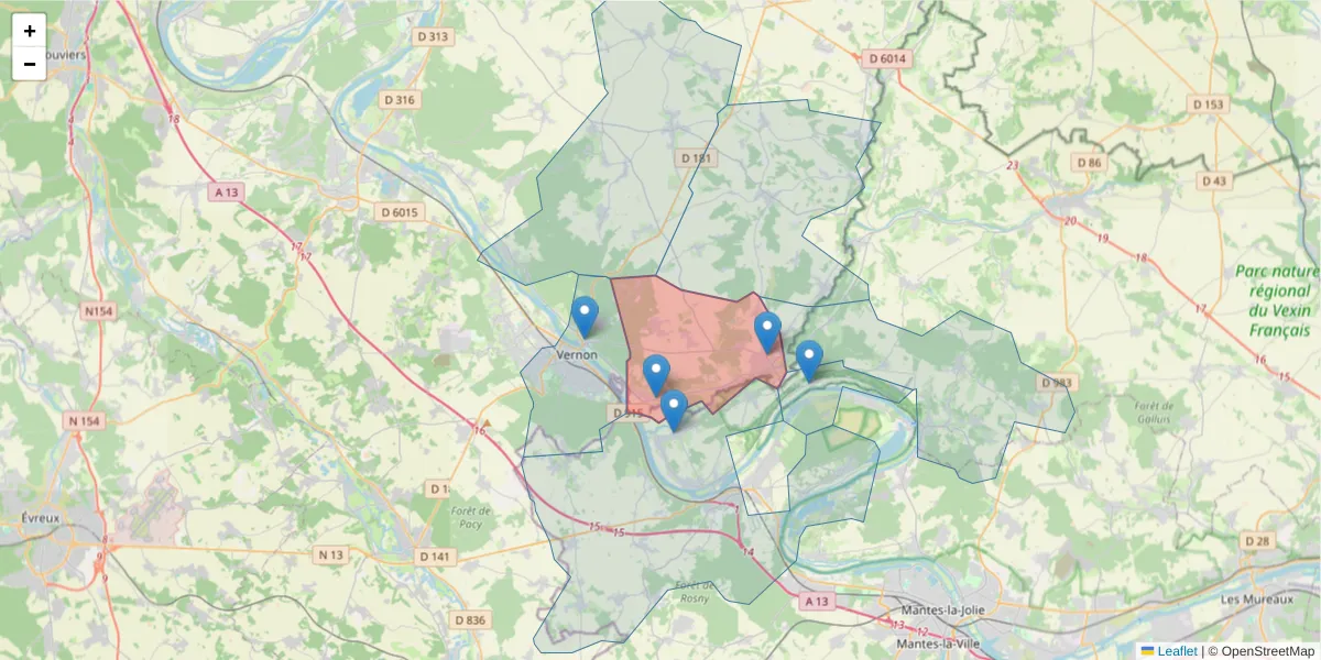 Carte de la zone du code postal  et des codes postaux voisins en France