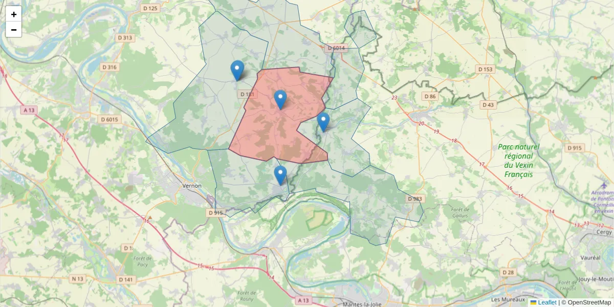 Carte de la zone du code postal  et des codes postaux voisins en France