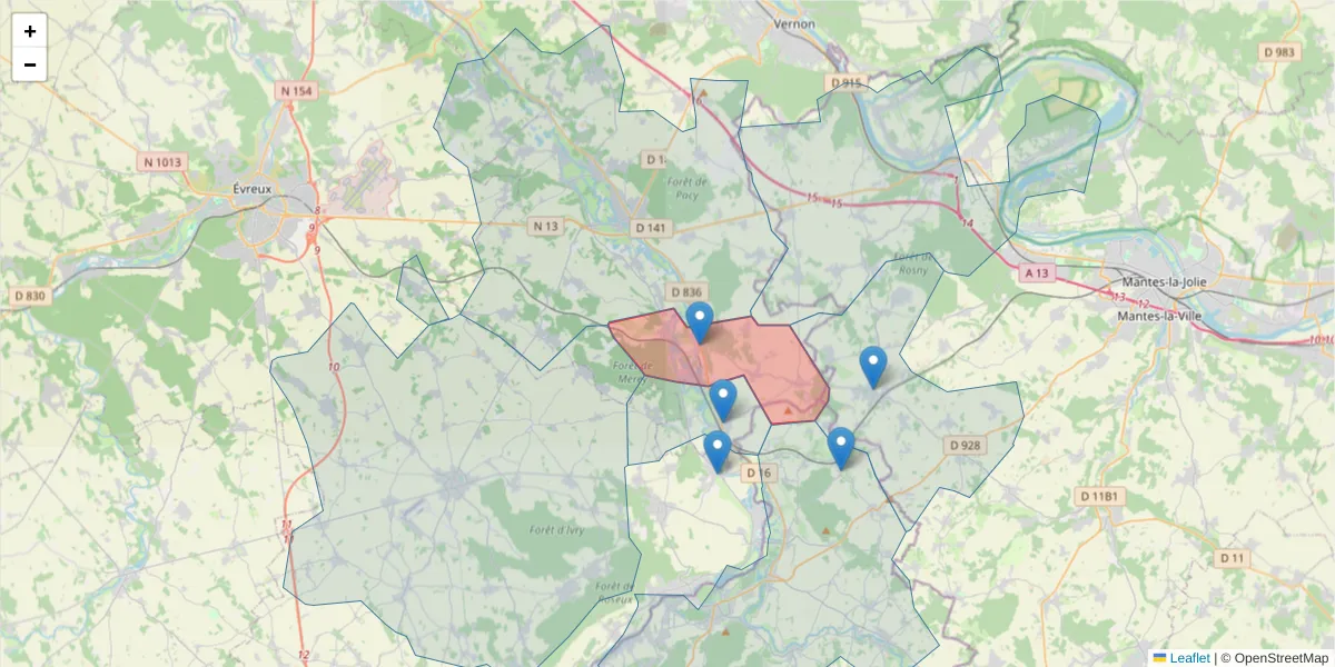 Carte de la zone du code postal  et des codes postaux voisins en France