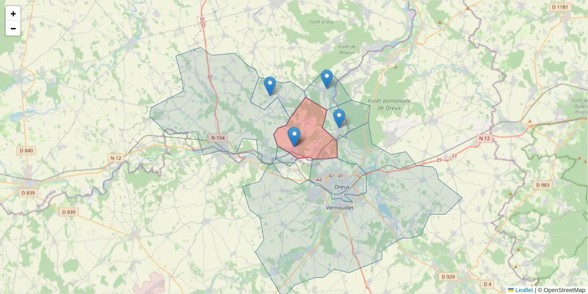 Carte de la zone du code postal  et des codes postaux voisins en France