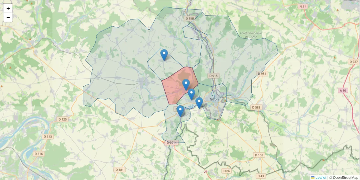 Carte de la zone du code postal  et des codes postaux voisins en France