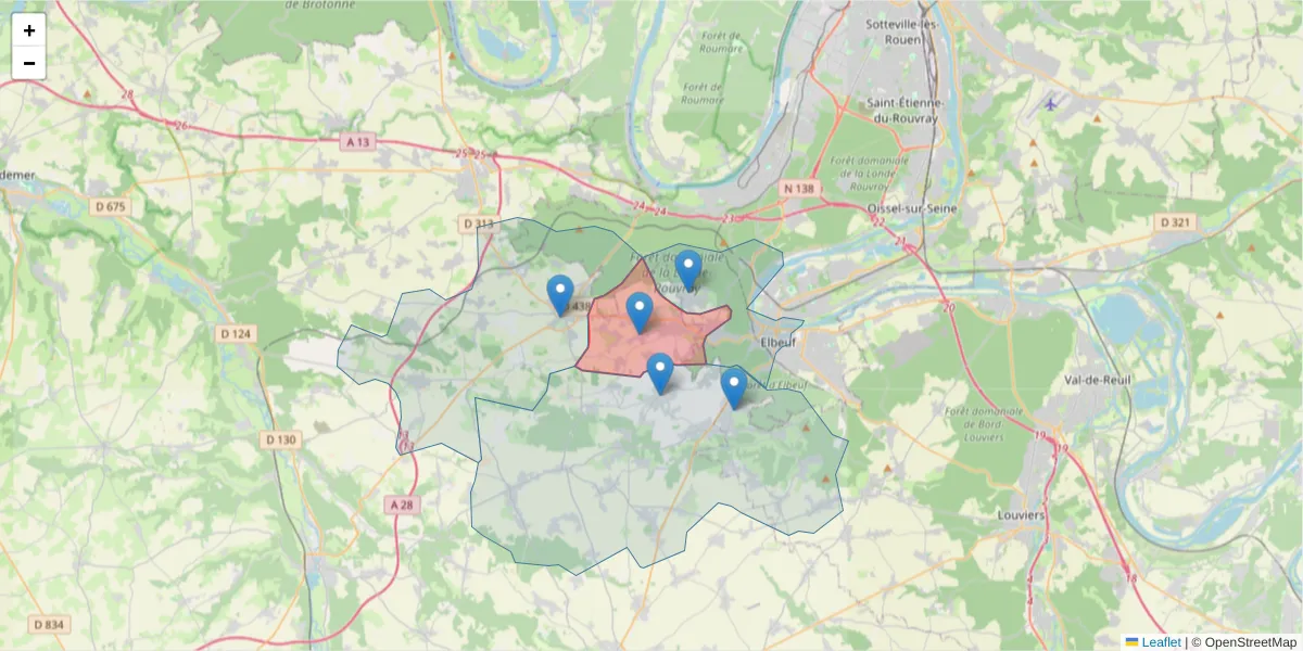 Carte de la zone du code postal  et des codes postaux voisins en France