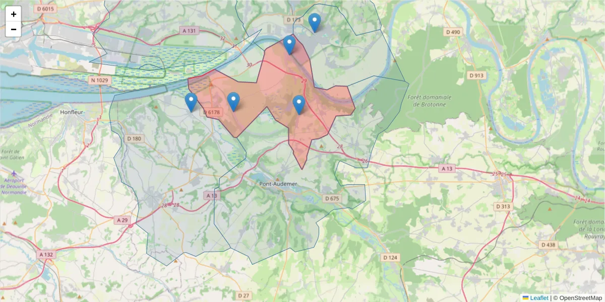 Carte de la zone du code postal  et des codes postaux voisins en France