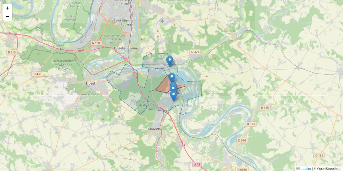 Carte de la zone du code postal  et des codes postaux voisins en France