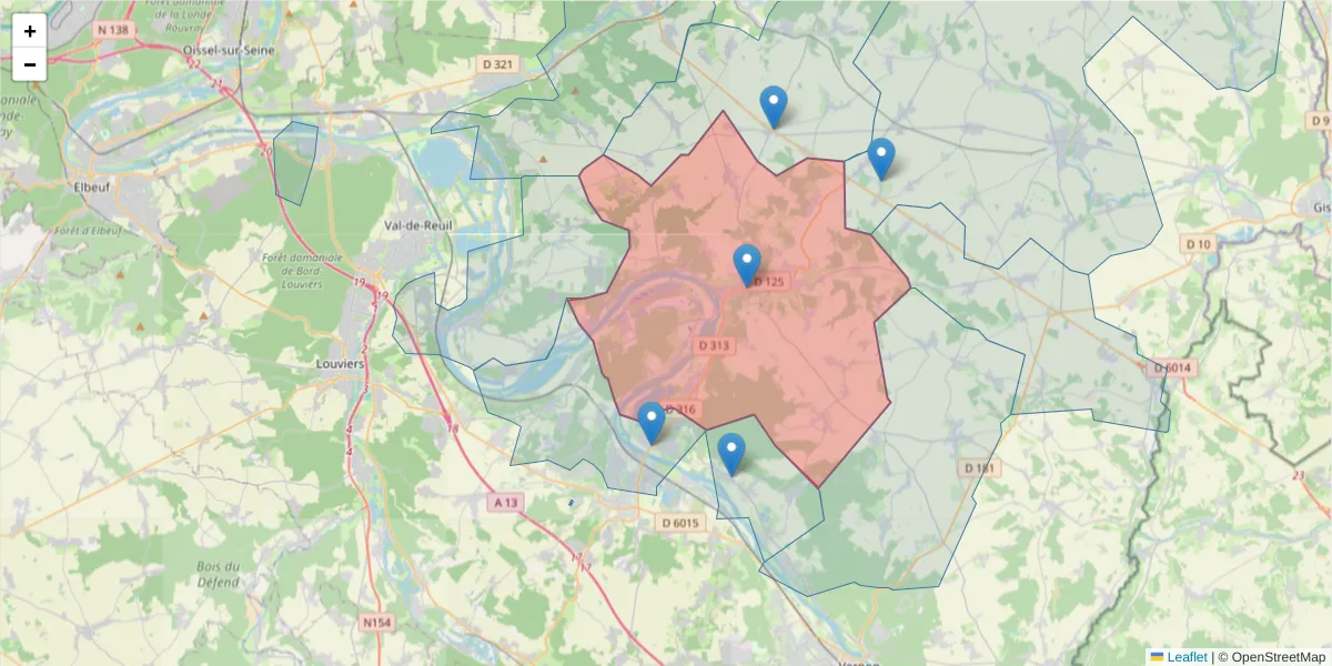 Carte de la zone du code postal  et des codes postaux voisins en France