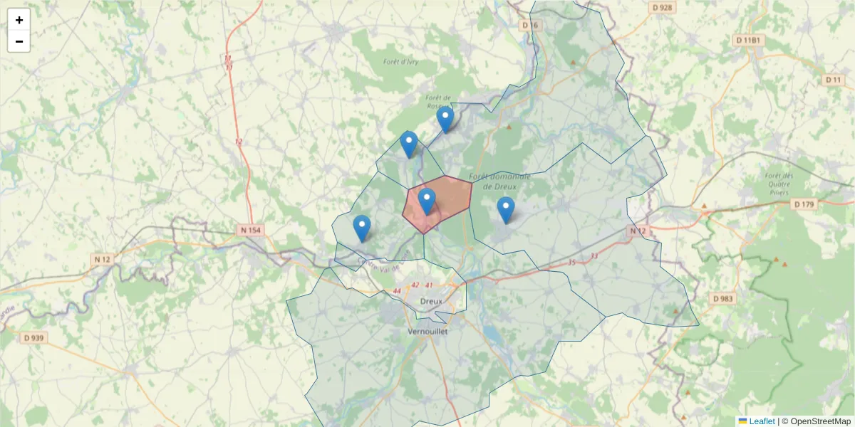 Carte de la zone du code postal  et des codes postaux voisins en France