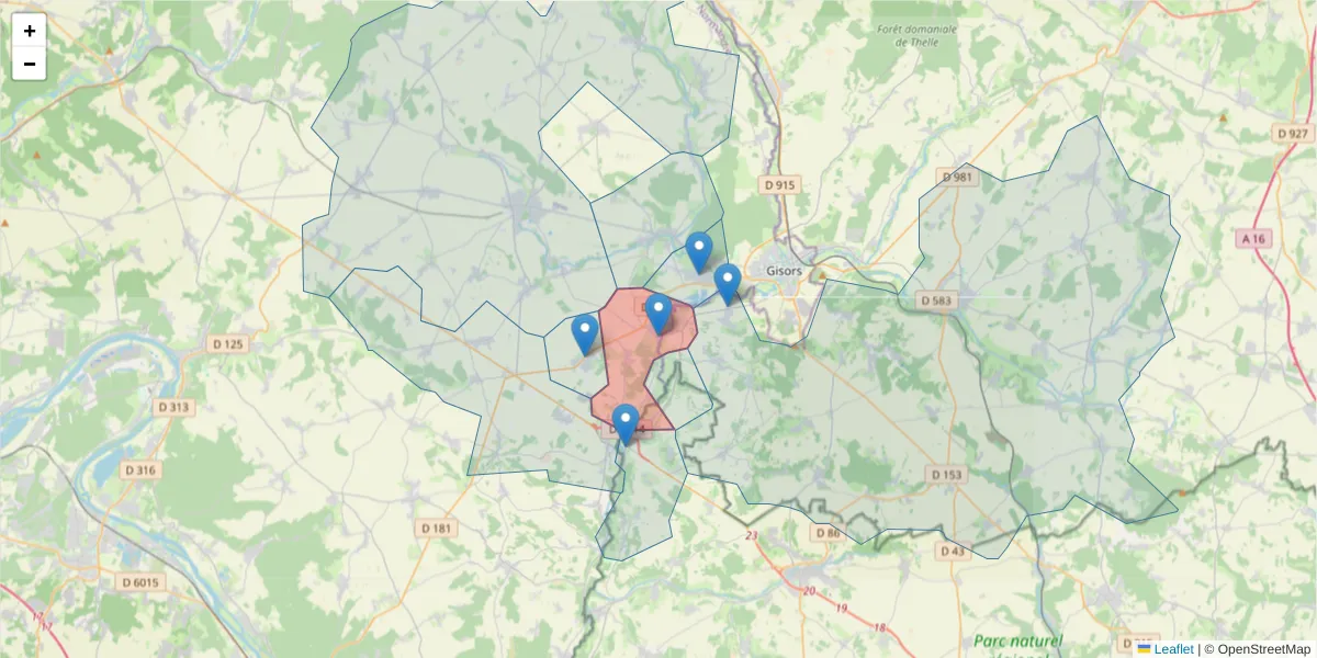 Carte de la zone du code postal  et des codes postaux voisins en France