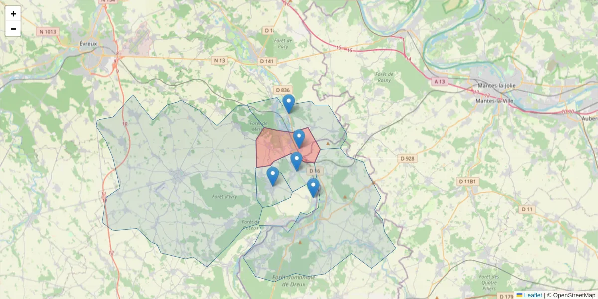 Carte de la zone du code postal  et des codes postaux voisins en France