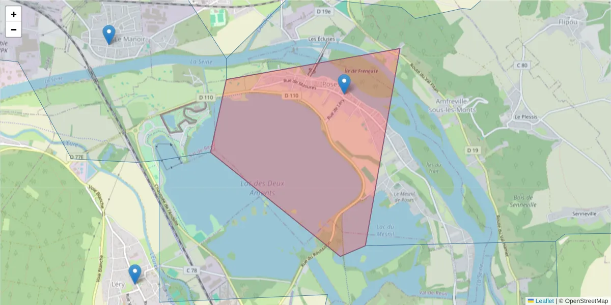 Carte de la zone du code postal  et des codes postaux voisins en France