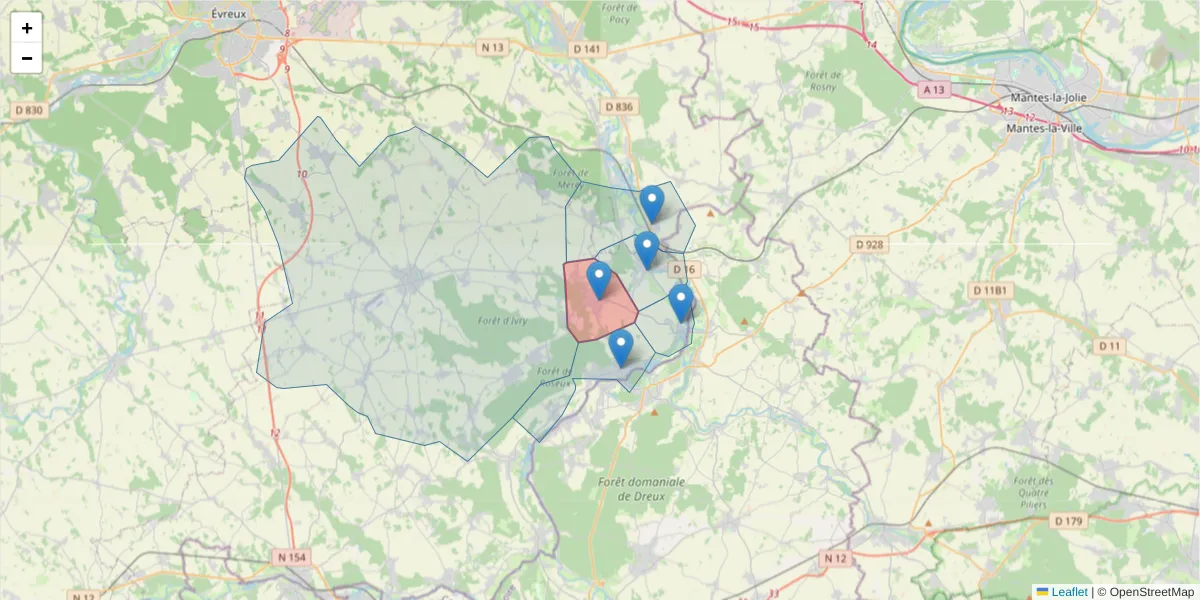 Carte de la zone du code postal  et des codes postaux voisins en France