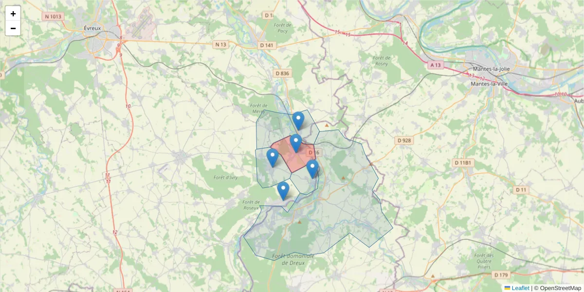 Carte de la zone du code postal  et des codes postaux voisins en France