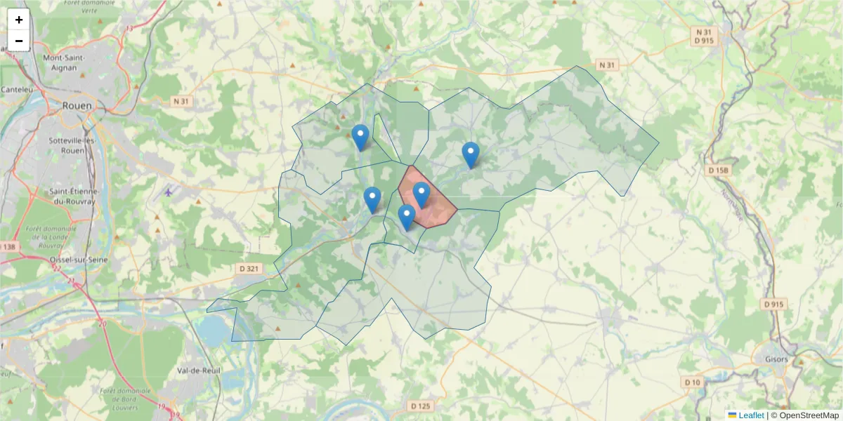 Carte de la zone du code postal  et des codes postaux voisins en France
