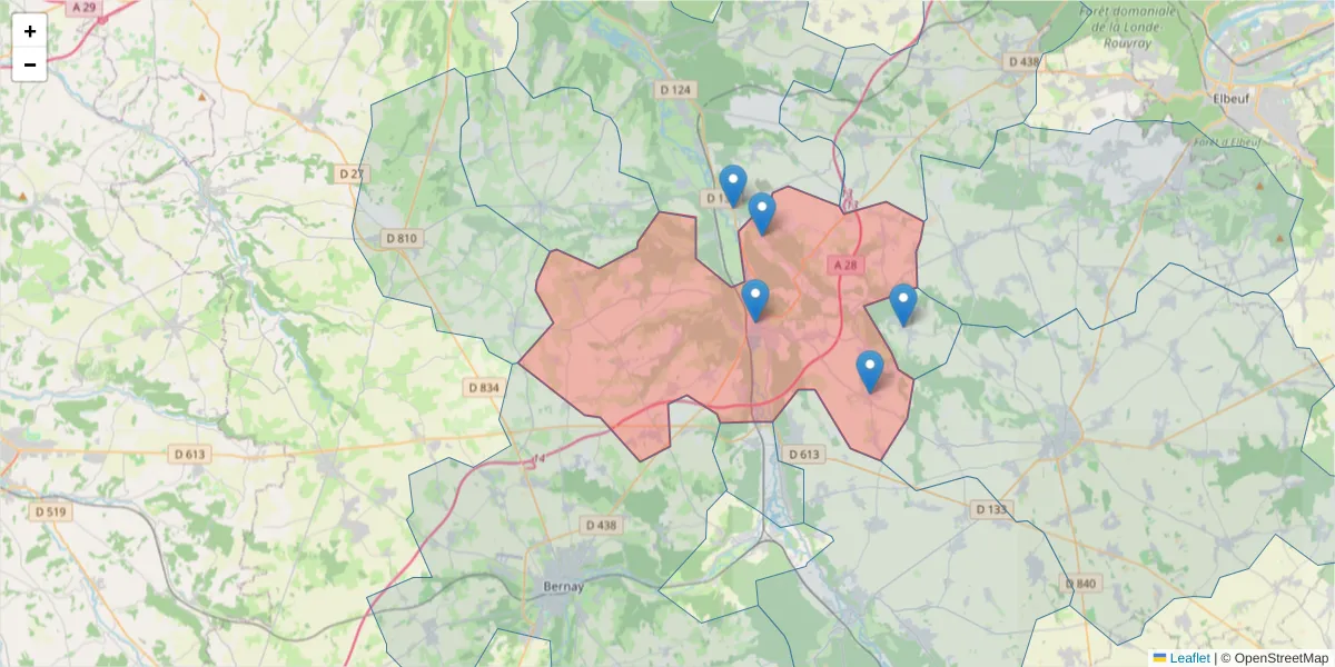 Carte de la zone du code postal  et des codes postaux voisins en France