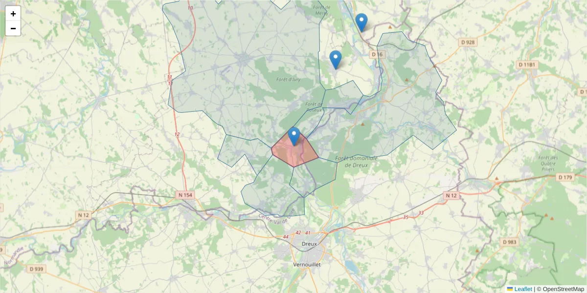 Carte de la zone du code postal  et des codes postaux voisins en France