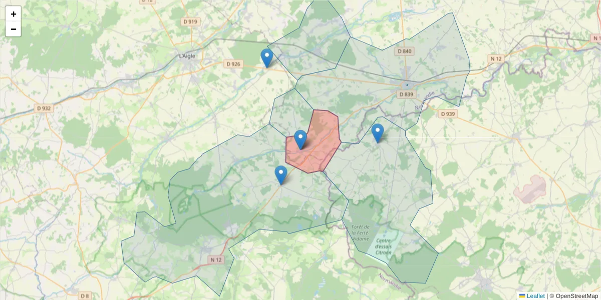 Carte de la zone du code postal  et des codes postaux voisins en France