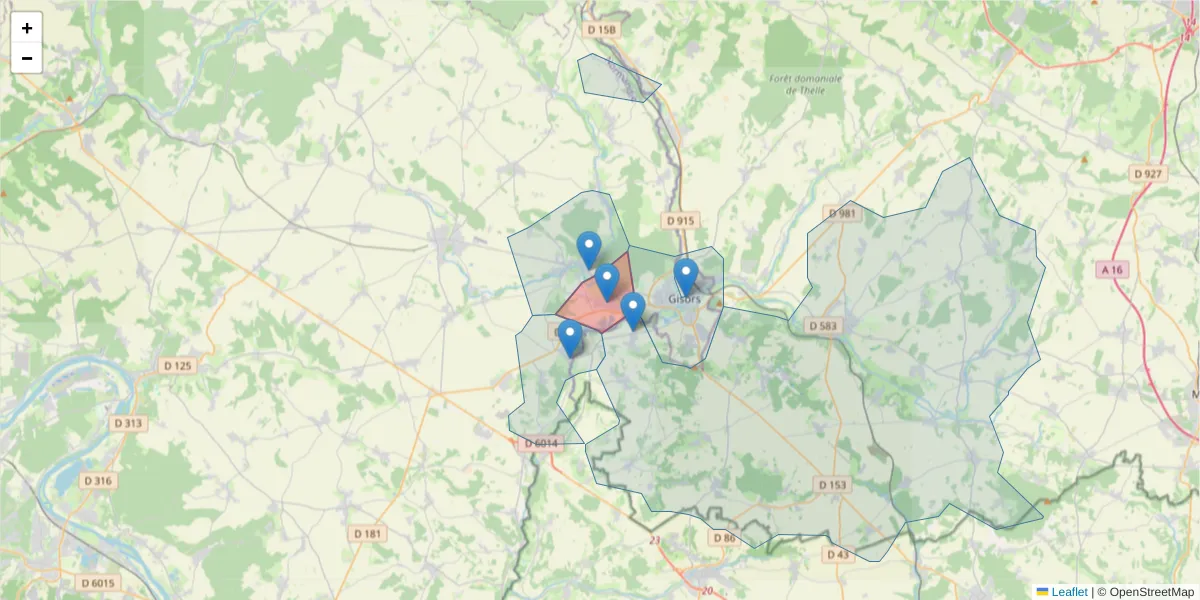 Carte de la zone du code postal  et des codes postaux voisins en France