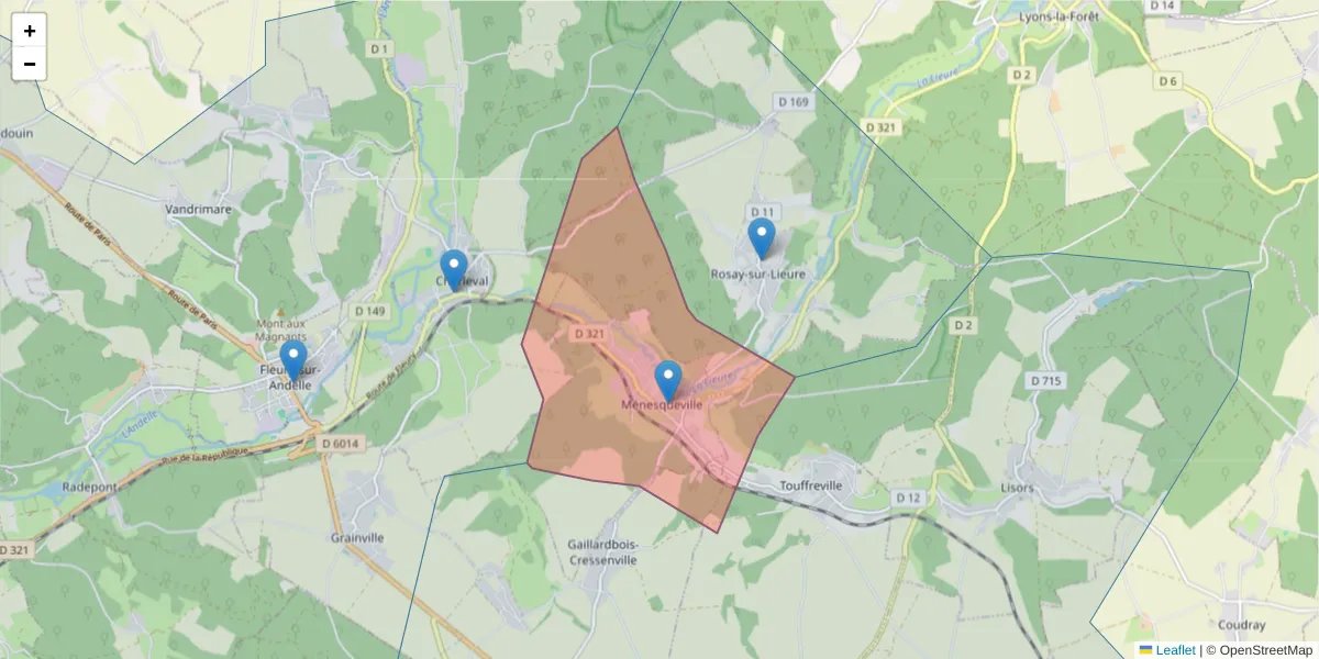Carte de la zone du code postal  et des codes postaux voisins en France