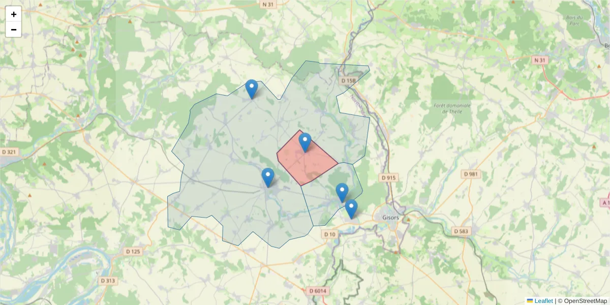 Carte de la zone du code postal  et des codes postaux voisins en France