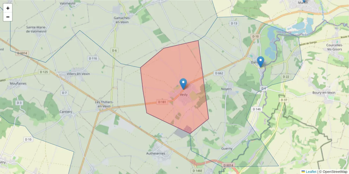 Carte de la zone du code postal  et des codes postaux voisins en France
