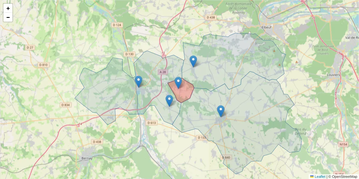 Carte de la zone du code postal  et des codes postaux voisins en France