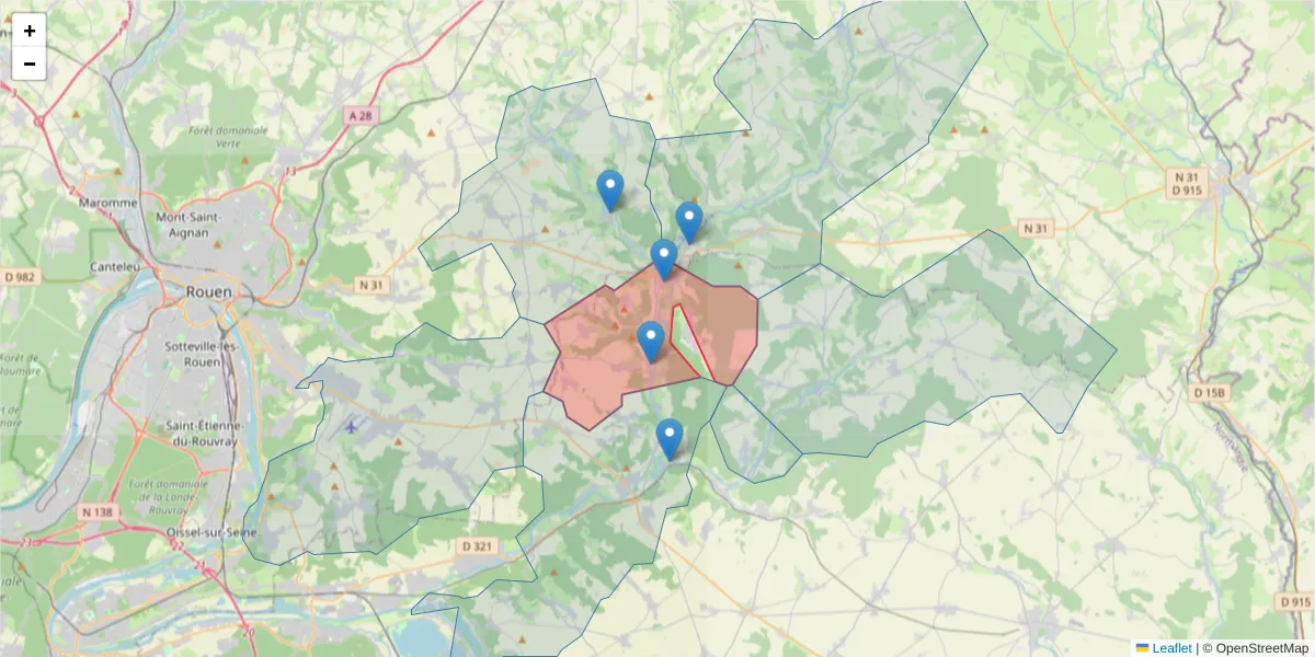 Carte de la zone du code postal  et des codes postaux voisins en France