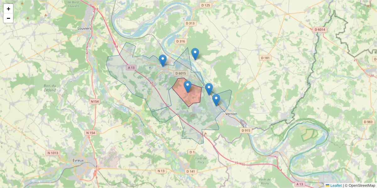 Carte de la zone du code postal  et des codes postaux voisins en France