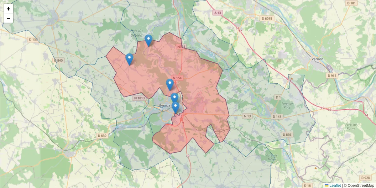 Carte de la zone du code postal  et des codes postaux voisins en France