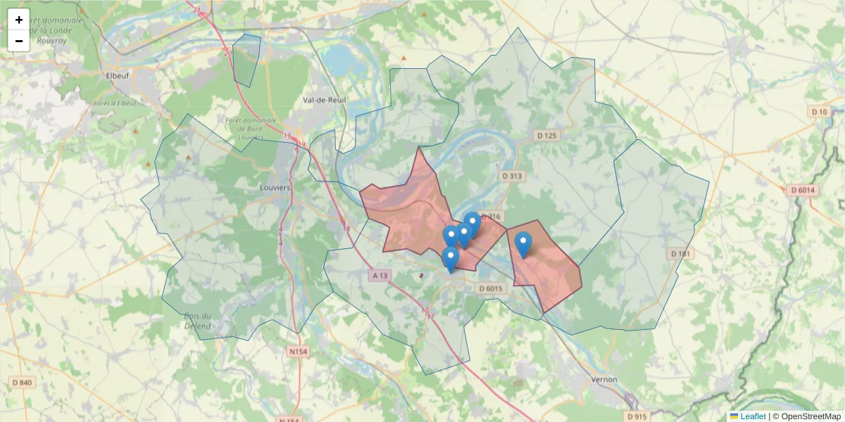 Carte de la zone du code postal  et des codes postaux voisins en France