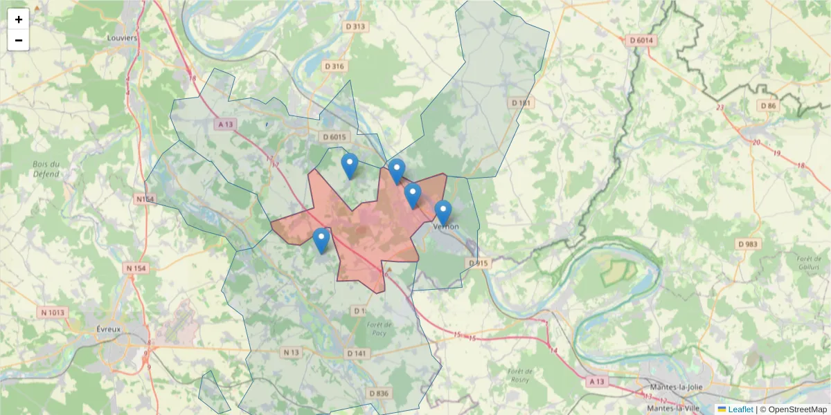 Carte de la zone du code postal  et des codes postaux voisins en France