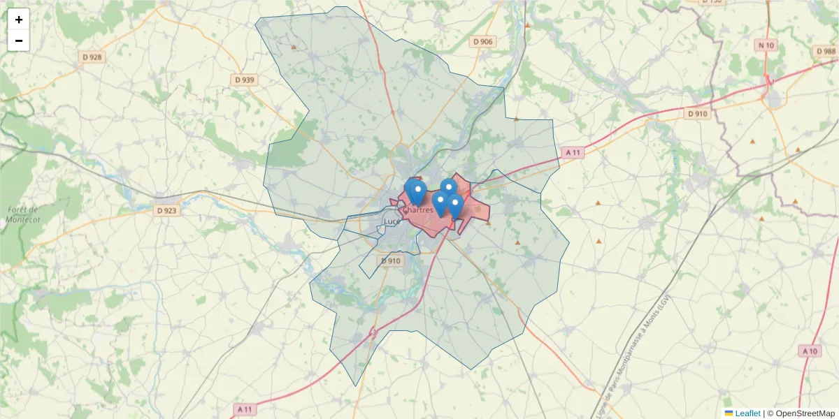 Carte de la zone du code postal  et des codes postaux voisins en France