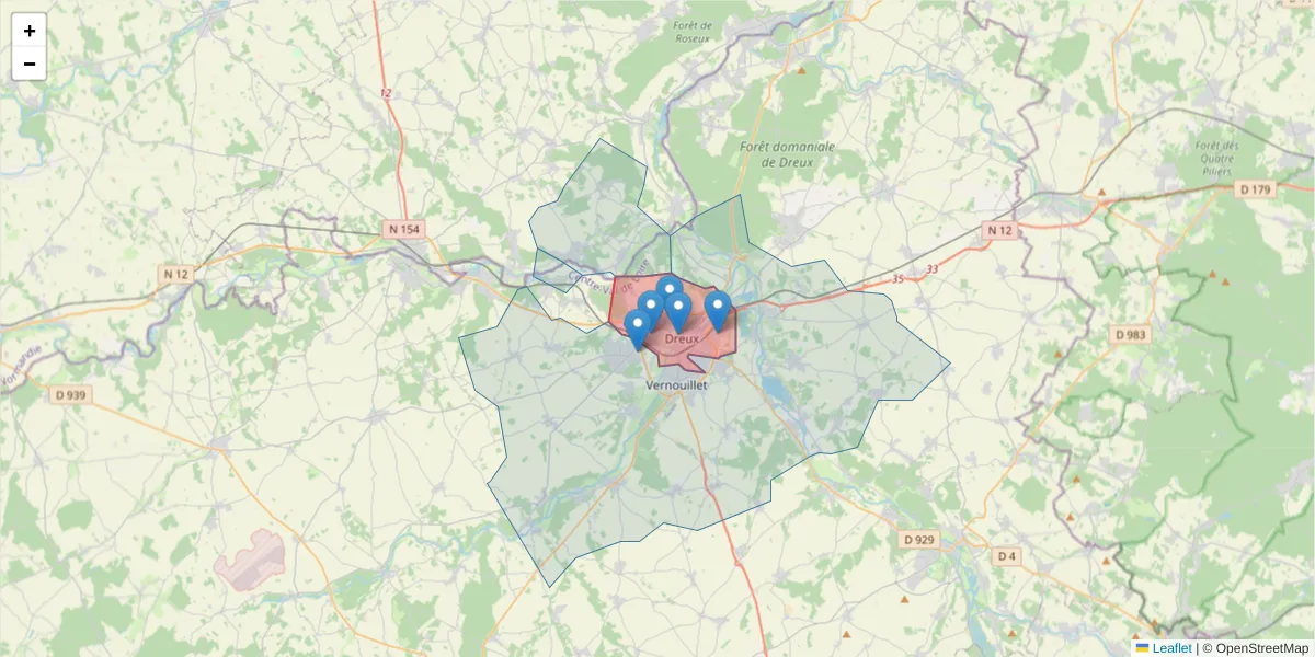 Carte de la zone du code postal  et des codes postaux voisins en France