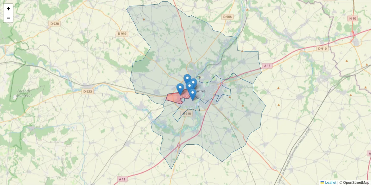Carte de la zone du code postal  et des codes postaux voisins en France