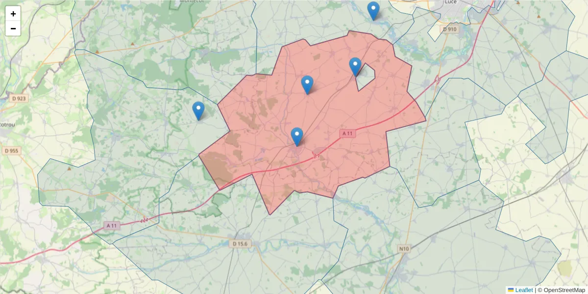 Carte de la zone du code postal  et des codes postaux voisins en France