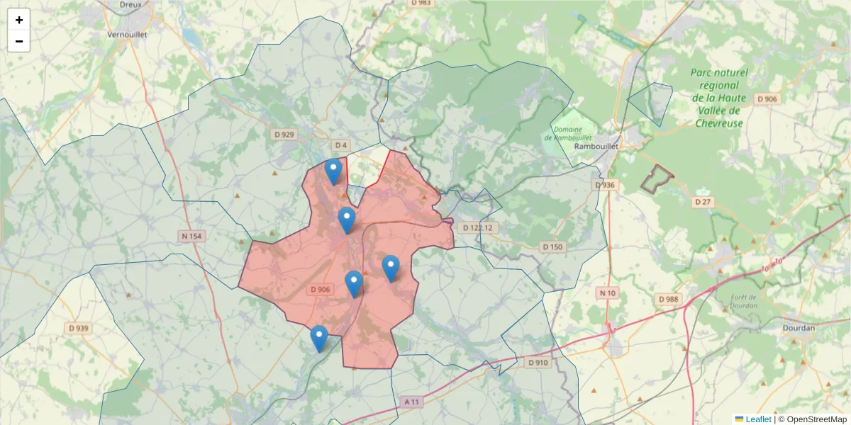 Carte de la zone du code postal  et des codes postaux voisins en France