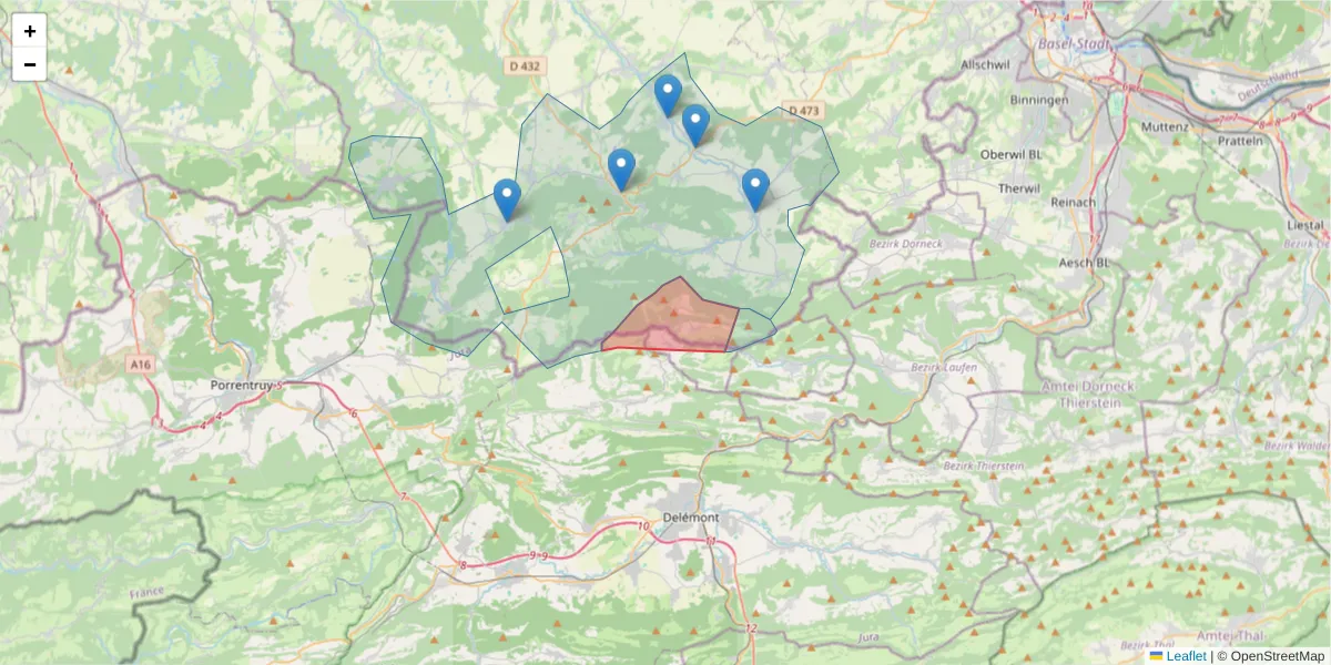 Carte de la zone du code postal  et des codes postaux voisins en France