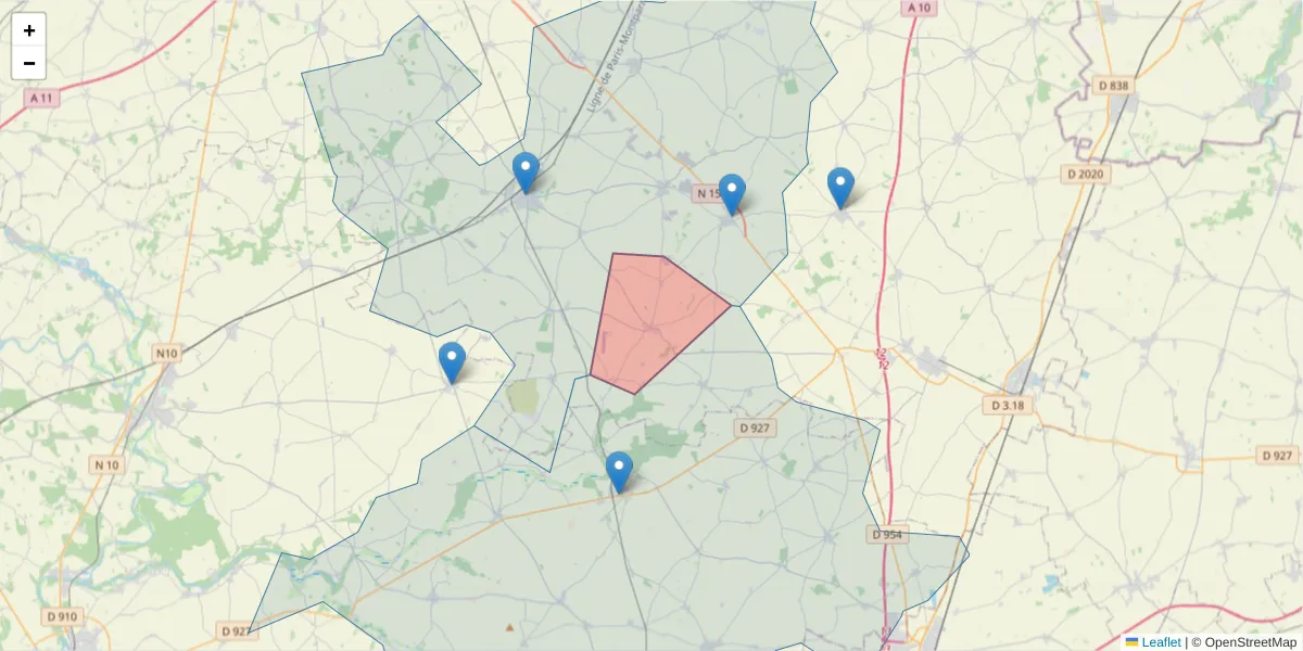 Carte de la zone du code postal  et des codes postaux voisins en France