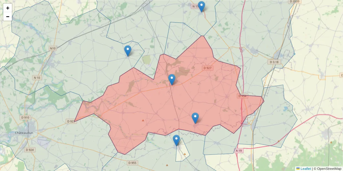 Carte de la zone du code postal  et des codes postaux voisins en France