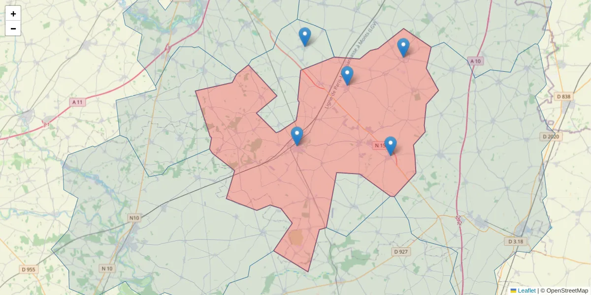Carte de la zone du code postal  et des codes postaux voisins en France