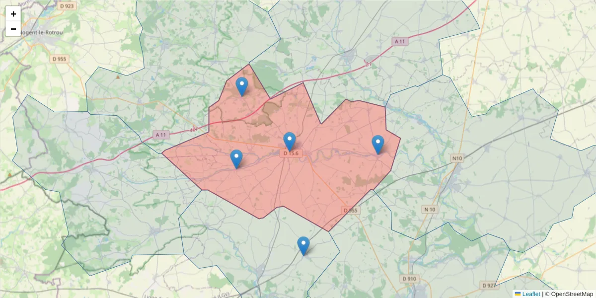 Carte de la zone du code postal  et des codes postaux voisins en France