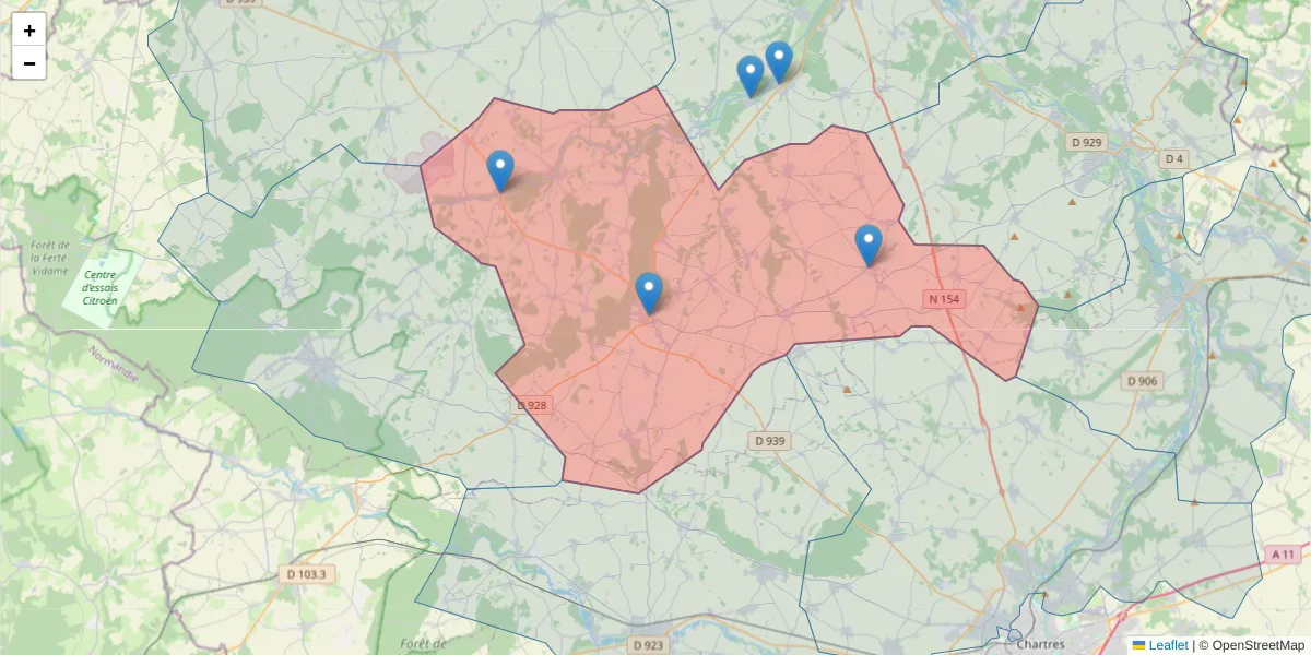 Carte de la zone du code postal  et des codes postaux voisins en France