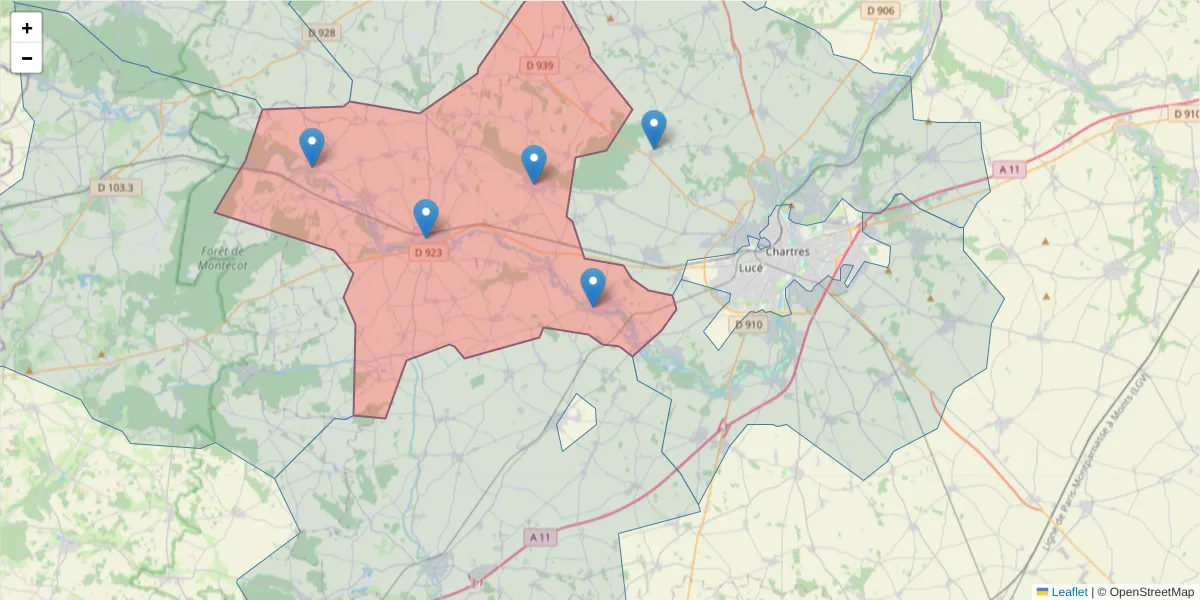 Carte de la zone du code postal  et des codes postaux voisins en France