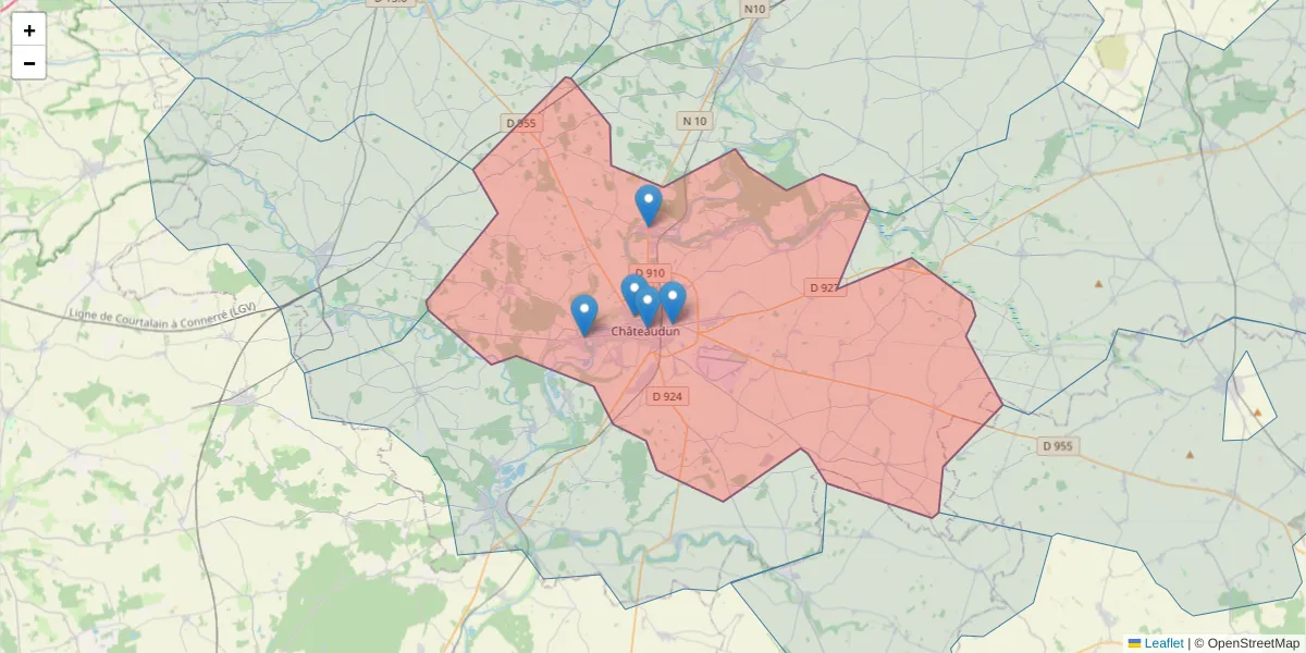 Carte de la zone du code postal  et des codes postaux voisins en France
