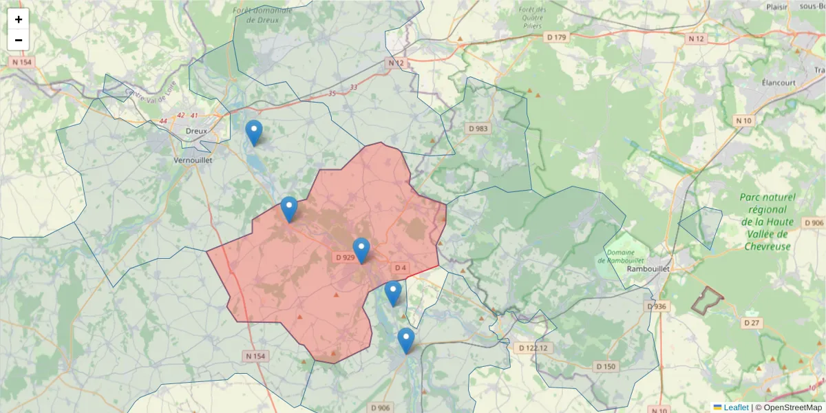 Carte de la zone du code postal  et des codes postaux voisins en France