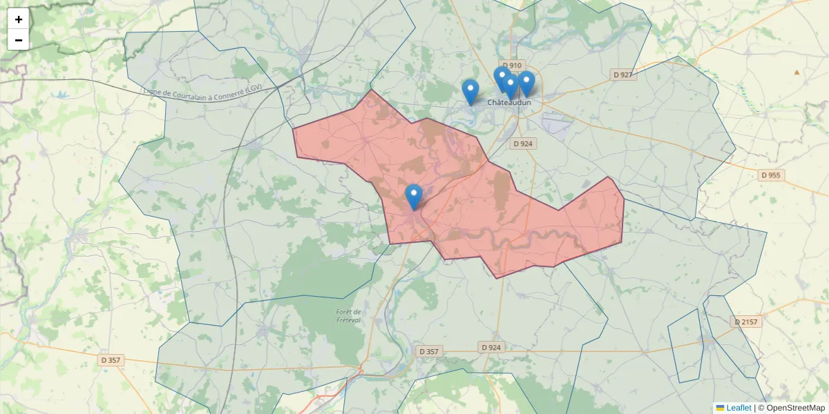 Carte de la zone du code postal  et des codes postaux voisins en France