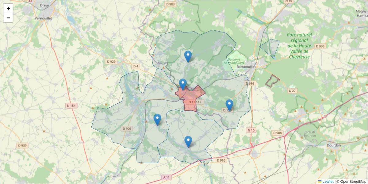 Carte de la zone du code postal  et des codes postaux voisins en France