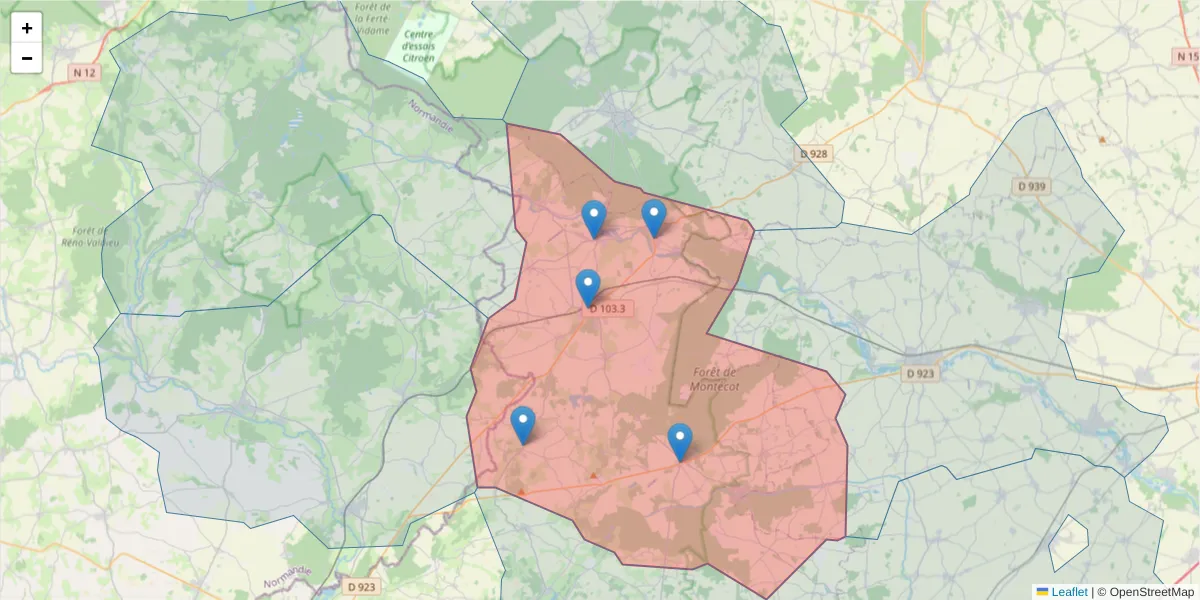 Carte de la zone du code postal  et des codes postaux voisins en France
