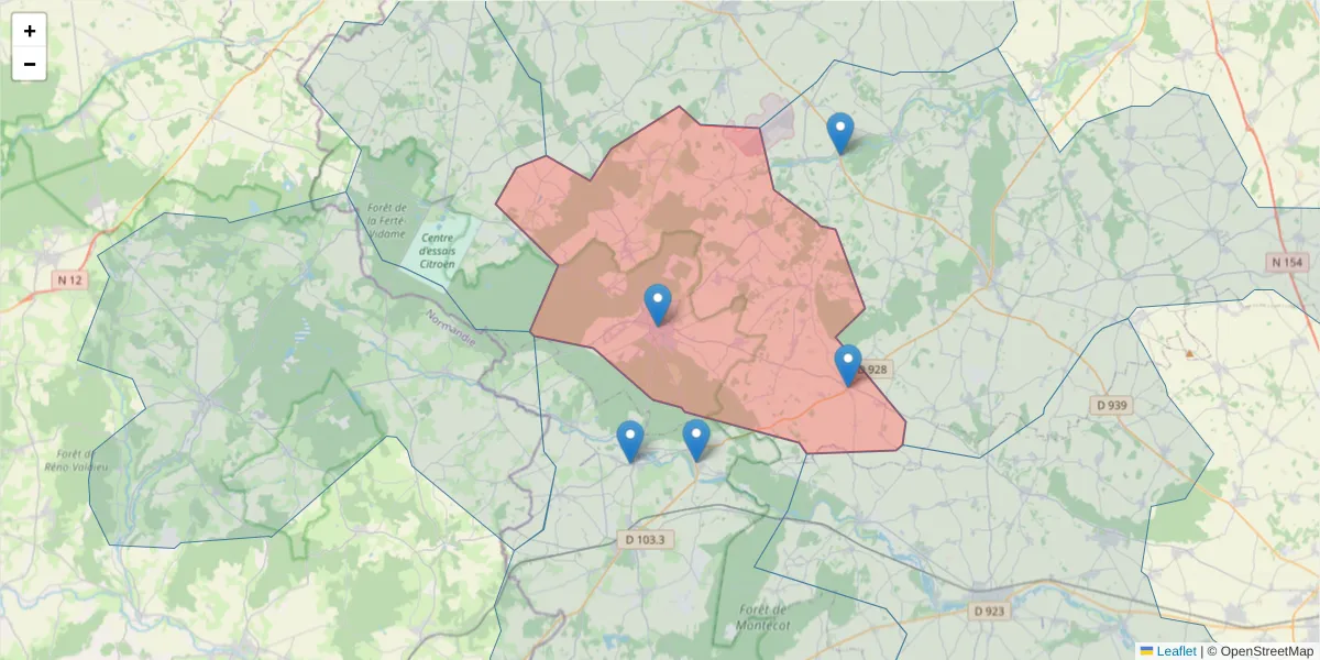 Carte de la zone du code postal  et des codes postaux voisins en France